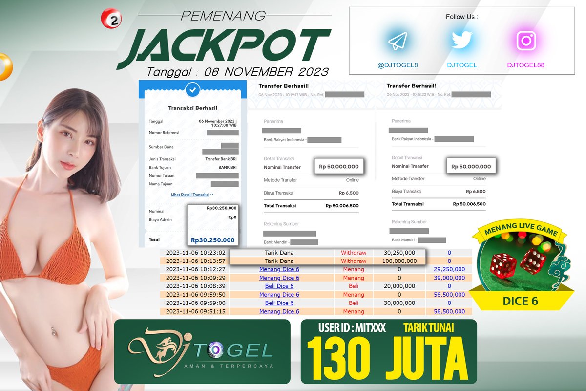 DjTogel's tweet photo. LUAR BIASA !!!  

Selamat Teruntuk User Id : MITxxx Telah Memenangkan Hadiah Jackpot Sebesar 130 Juta Pada Permainan DICE 6 Tanggal 06 November 2023  

Segera Ikuti kami untuk mendapatkan informasi menarik lebih lanjut! https://t.co/tBDeqUUtst