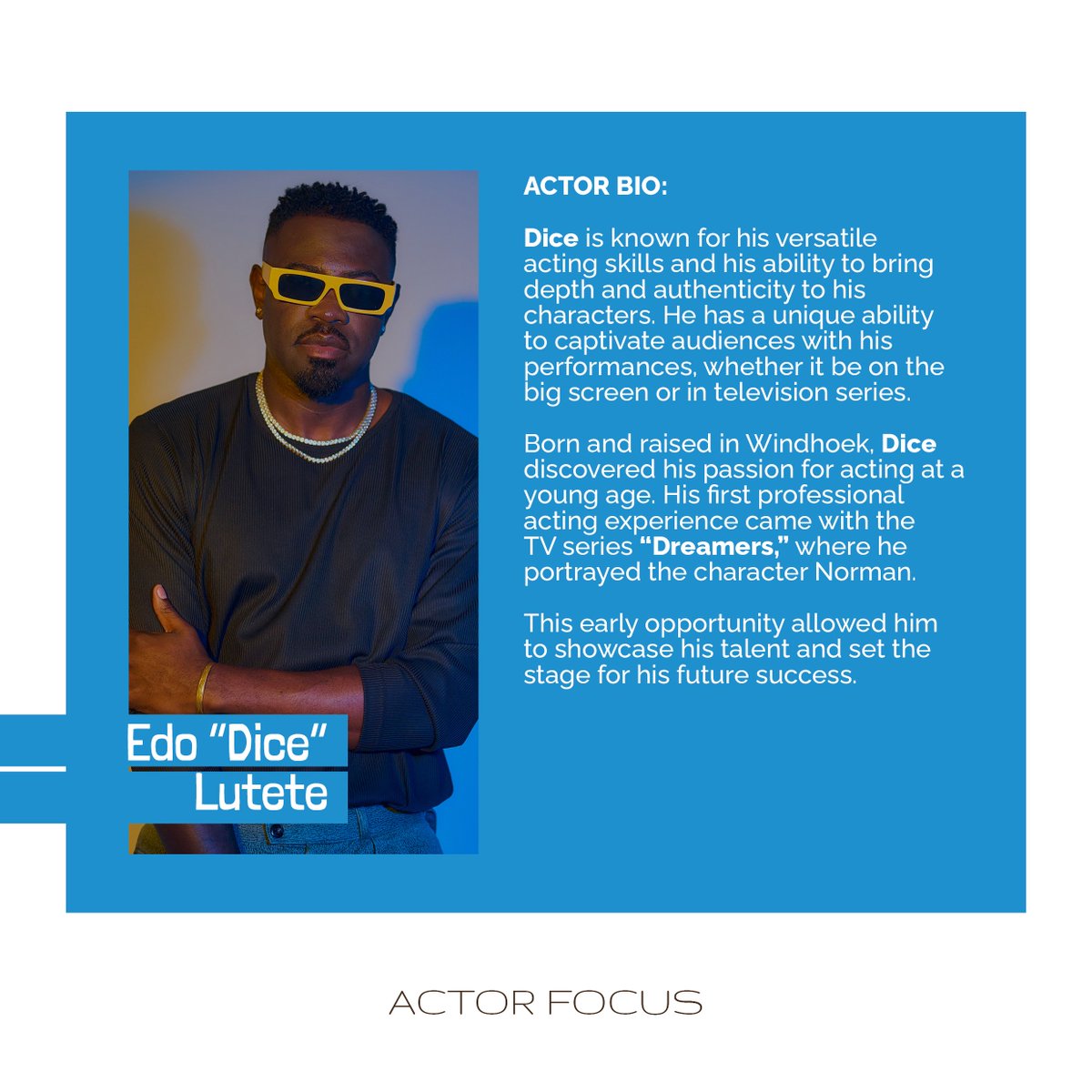 Namibia_F_C's tweet image. Introducing our November Actor Focus - Edo Lutete or as you know him DICE. 🎬

Actor, rapper and songwriter, Dice, will be sharing his journey, favourite roles, mentors and so much more in this month's #actorfocus feature with NFC.

#actorfocus #namibianactors #namibianstories