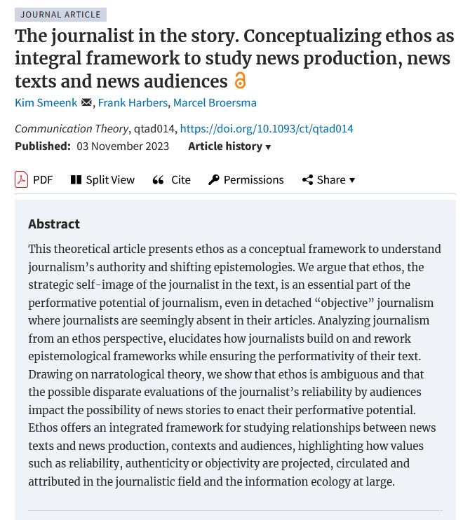 mjbroersma.bsky.social (@mjbroersma) on Twitter photo New paper out with our fabulous PhD student <a href="/SmeenkKim/">Kim Smeenk</a> and @fharbers83, exploring ethos as a concept and framework to study news production, news texts and news audiences.
academic.oup.com/ct/advance-art… New paper out with our fabulous PhD student <a href="/SmeenkKim/">Kim Smeenk</a> and @fharbers83, exploring ethos as a concept and framework to study news production, news texts and news audiences.
academic.oup.com/ct/advance-art…