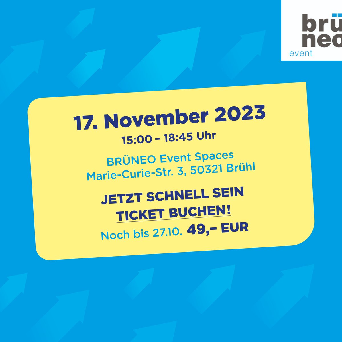 ❤️ Wachstumsstrategien 2024  17.11.2023, ab 15:00 Uhr
Buche jetzt Dein Ticket und sichere Dir einen Platz bei diesem unvergesslichen Event!
copecart.com/products/ecce2…
BRÜNEO Event Spaces
Marie-Curie-Str. 3
50321 Brühl
02232 7013-0
#meineventspace #brühl