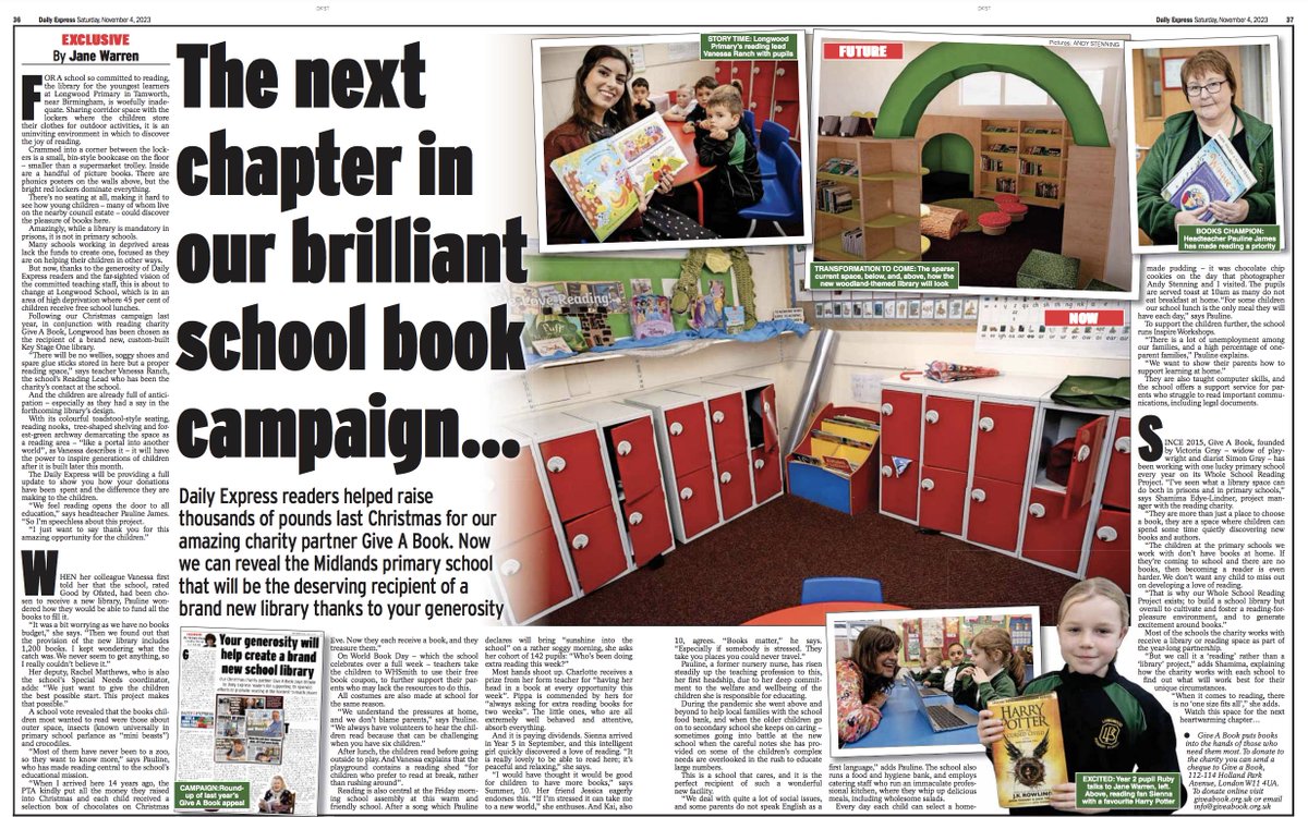 Huge shout to Longwood Primary School, Tamworth, which will receive a brilliant new library thanks to our 2022 #ExpressFeatues Xmas charity partnership with the utterly brilliant <a href="/giveabookorg/">Give a Book</a>. So many folk contributed. Thank you everyone! Pls share...