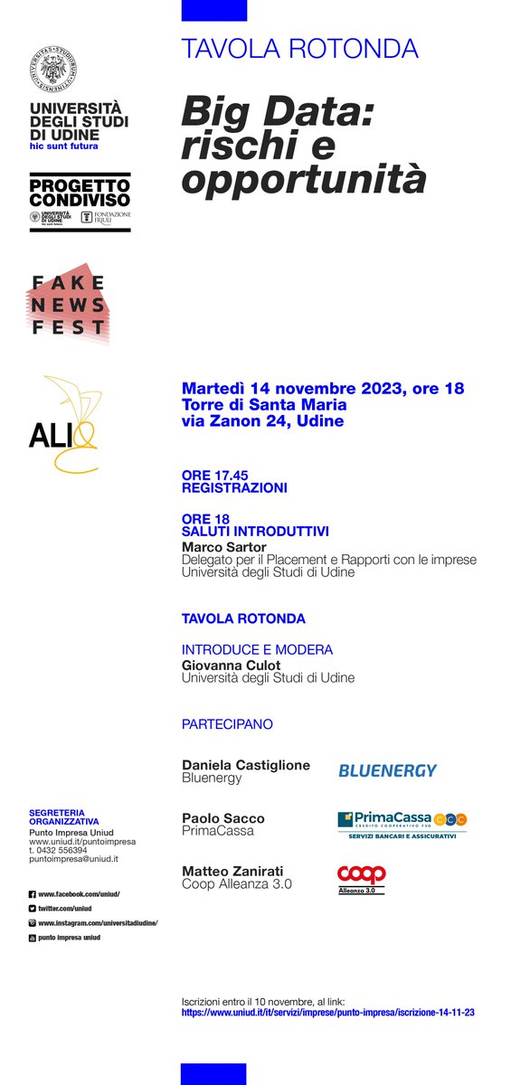 🔵tavola rotonda
🖥️Big Data: rischi e opportunità
⏱️14 novembre, ore 18
📍 Torre di Santa Maria, Udine

<a href="/uniud/">Università di Udine</a>