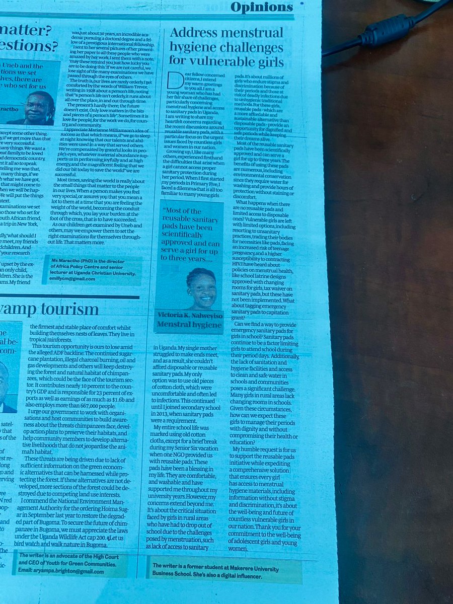 VictoriaKatamba's tweet image. Happy that my article about menstruation has been published today in the daily monitor 😀.
#MenstrualHealth
#EndNewInfections
#EndAIDS2030