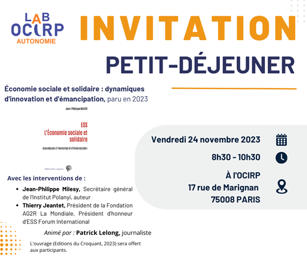 📅 Lab #OCIRP #Autonomie, le vendredi 24 novembre 2023 !
📘 Autour de l'ouvrage "ESS - L'Economie sociale et solidaire : dynamiques d'innovation et d'émancipation" Jean-Philippe MILESY, Ed. du Croquant, 2023
<a href="/thierryjeantet/">Thierry Jeantet</a> <a href="/PatLelong/">Patrick Lelong</a>
👉 Je m'inscris !
labocirp.questionnaireweb.com/form/332919/s/…