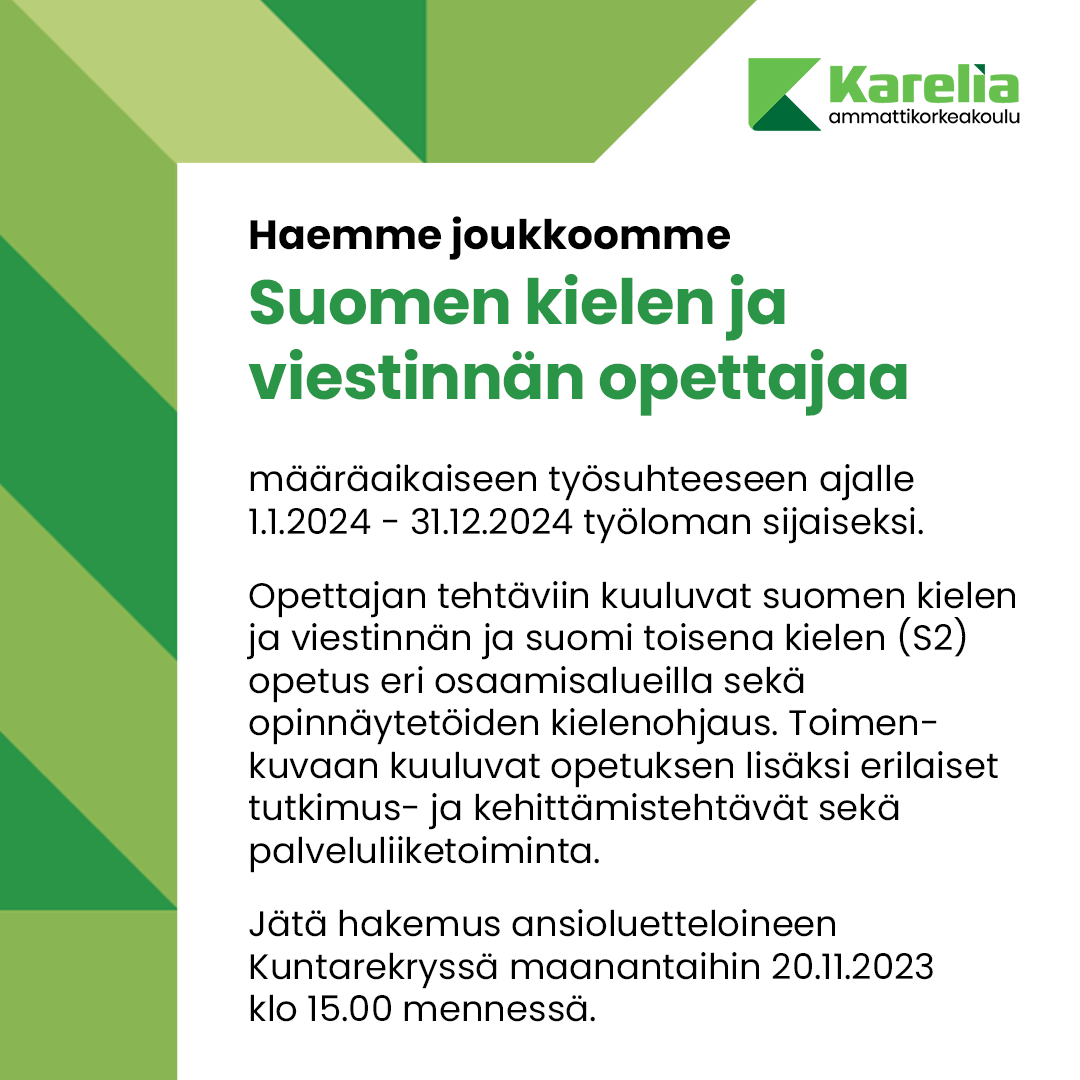 Haemme joukkoomme Suomen kielen ja viestinnän opettajaa määräaikaiseen työsuhteeseen ajalle 1.1.2024 - 31.12.2024 työloman sijaiseksi. Jätä hakemus ansioluetteloineen Kuntarekryssä maanantaihin 20.11.2023 klo 15.00 mennessä. kuntarekry.fi/fi/tyopaikat/s…