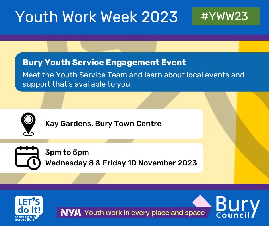 It's #YouthWorkWeek2023!

This week you can meet our Youth Service Team and learn about local events, youth groups and support that’s available to you.

📍Where: Kay Gardens , Bury Town Centre
📍When: 3pm to 5pm - Wednesday 8 & Friday 10 November

#YWW23