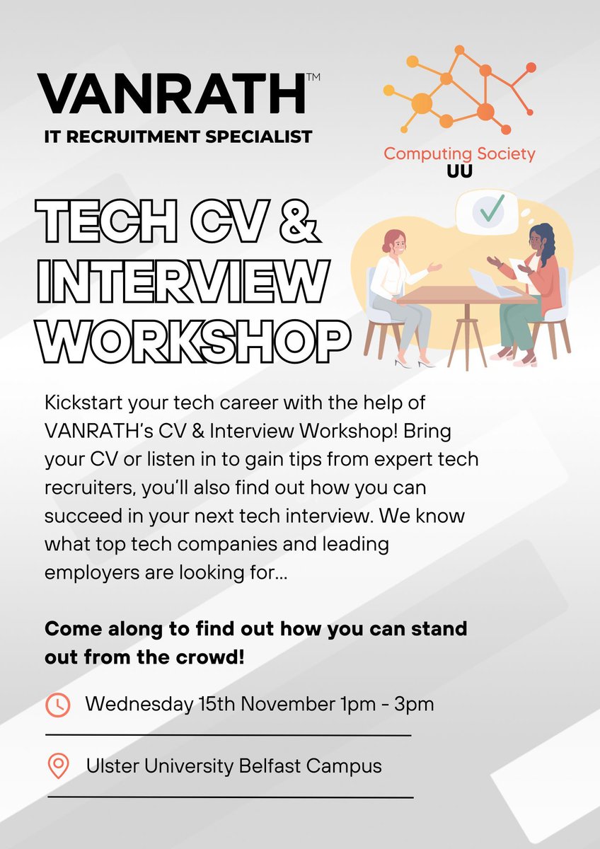 ComputingUU's tweet image. 🗓️ CV & Interview Workshop 🗓️
Kickstart your tech career with the help of this workshop! Bring your CV and gain some tips from @VANRATH_ expert tech recruiters.
Sign up at: buff.ly/3QL047C
Date: 15th November 1pm - 3pm
Location: Ulster University Belfast Campus