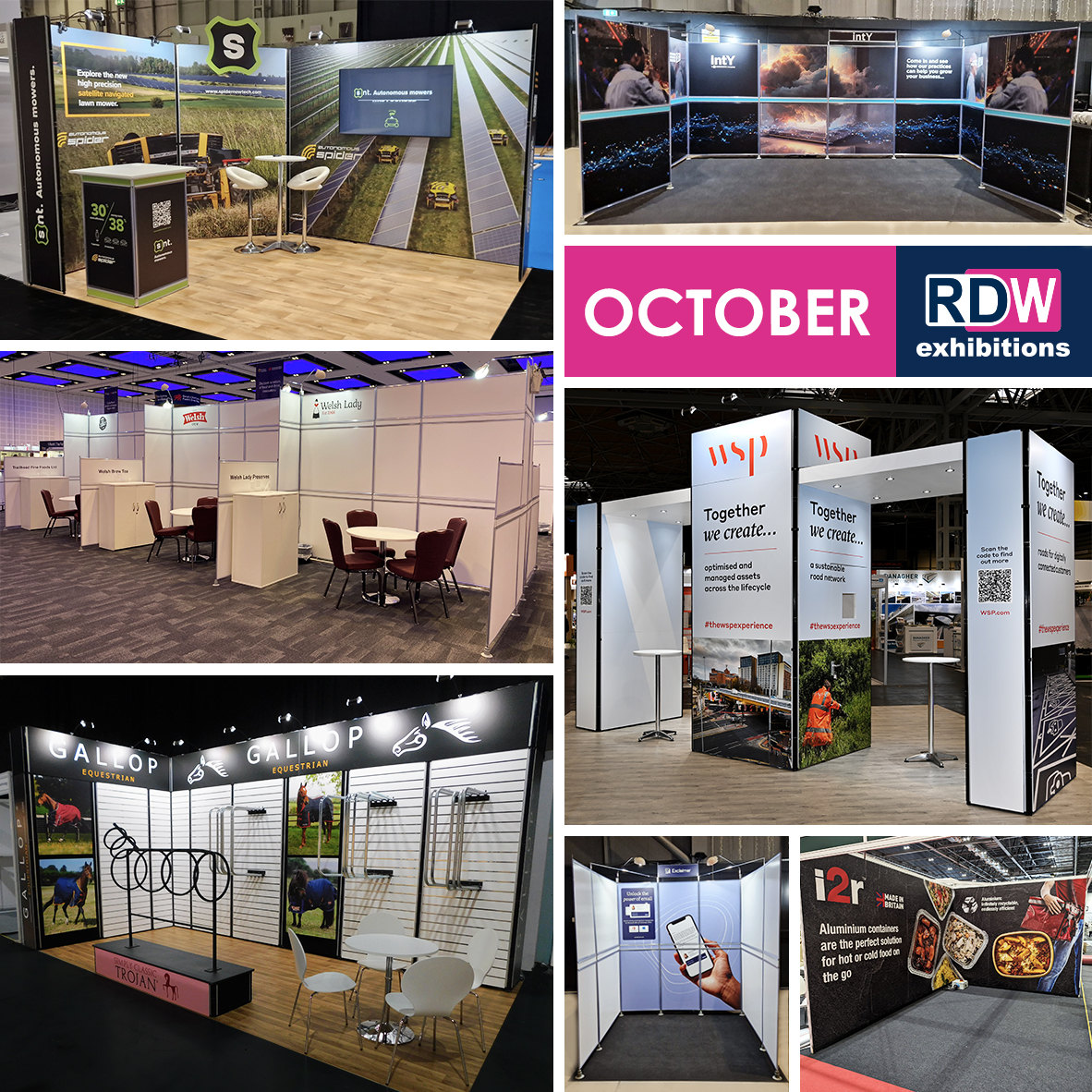 We're starting the week with a montage of some of our stands built in October! ow.ly/3wbo50Q4q6E #exhibitionstands #modularstands #shellscheme #exhibitiongraphics #exhibitiondesigners #standsuppliers #exhibitionsmidlands #exhibitionslondon #exhibitionswales