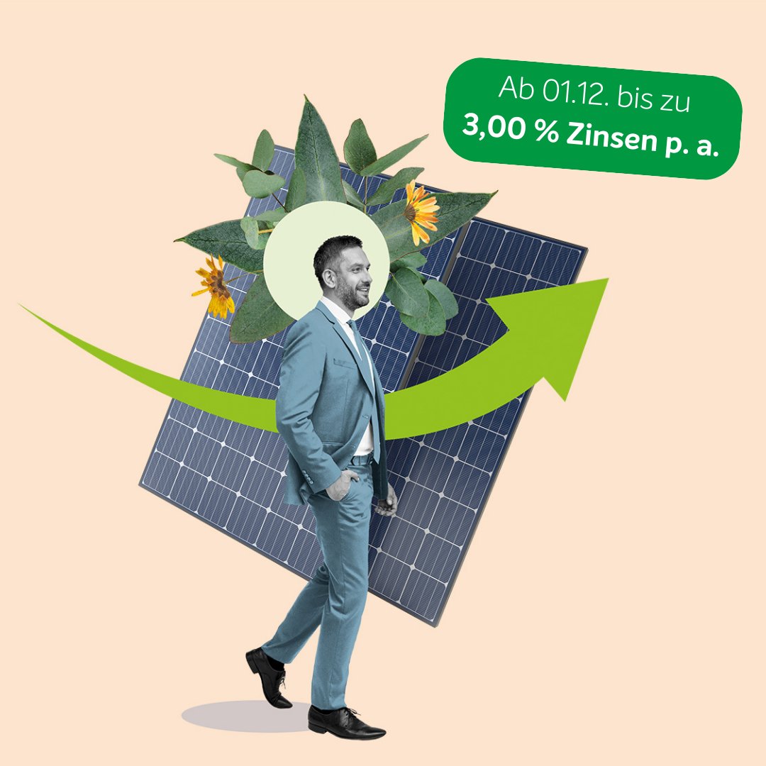 Mach auch du dein Tagesgeld grün – mit dem guten Gefühl, dass sich jeder Euro für dich und die Umwelt auszahlt: Unser UmweltFlexkonto.🌱

Ab 01.12. bis zu 3 % Zinsen p. a. 🎉

umweltbank.de/flexkonto

#MeinGeldMachtGrün