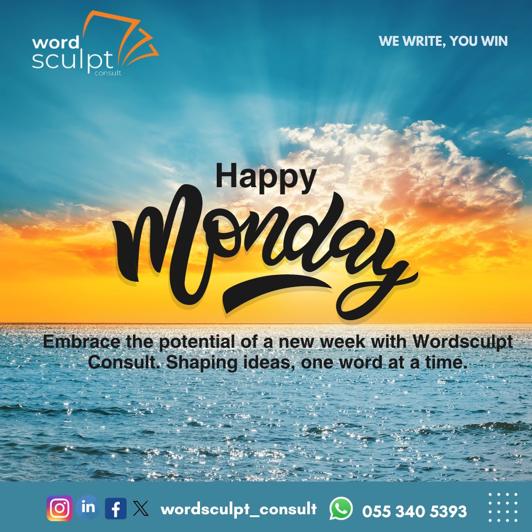 Wordsculpt_C's tweet photo. New week, new goals. Let's turn 'I wish' into 'I will'—Happy Monday!

For more information and inquiries about our services at Wordsculpt, reach out to us via https://t.co/a7cFX7Lzx3

Wordsculpt Consult,
We write, you win https://t.co/Nvmgdt07GY
