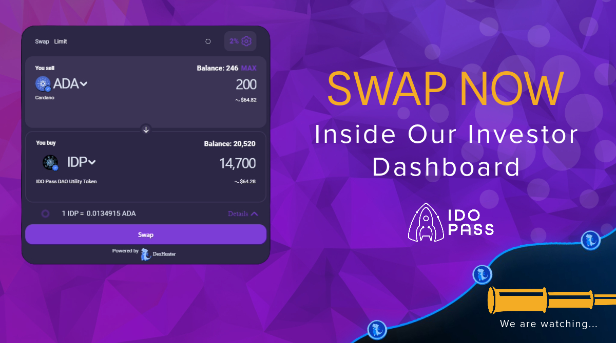 🚀Partnering with <a href="/DexHunterIO/">DexHunter 🏹</a> the most rapidly growing in Dex Aggregator in the ecosystem allows users to swap now DIRECTLY on our app!  

ADA ➡️ $IDP

IDO PASS 🤝 Dexhunter IO 

Link in the description below 👇