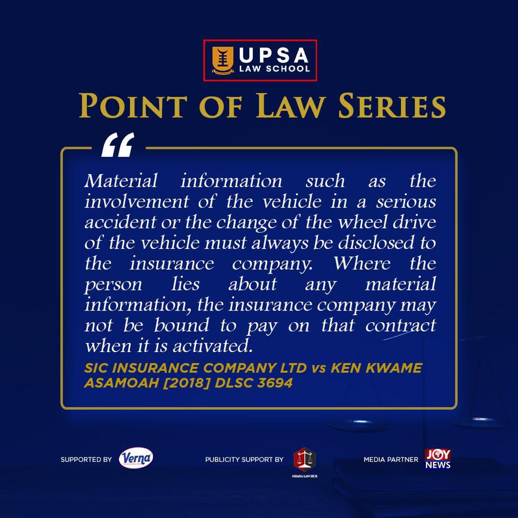 UPSALawSchool's tweet photo. Drive safe, stay insured and remember, your insurance company is there to protect you, so always disclose important information.

#InsuranceFacts #TransparencyMatters #LegalRequirements
#insuranceact #lawsofghana #UPSA #UPSALawSchool #Integrity  #PointofLawSeries #POLS https://t.co/BnkgwrZEKN