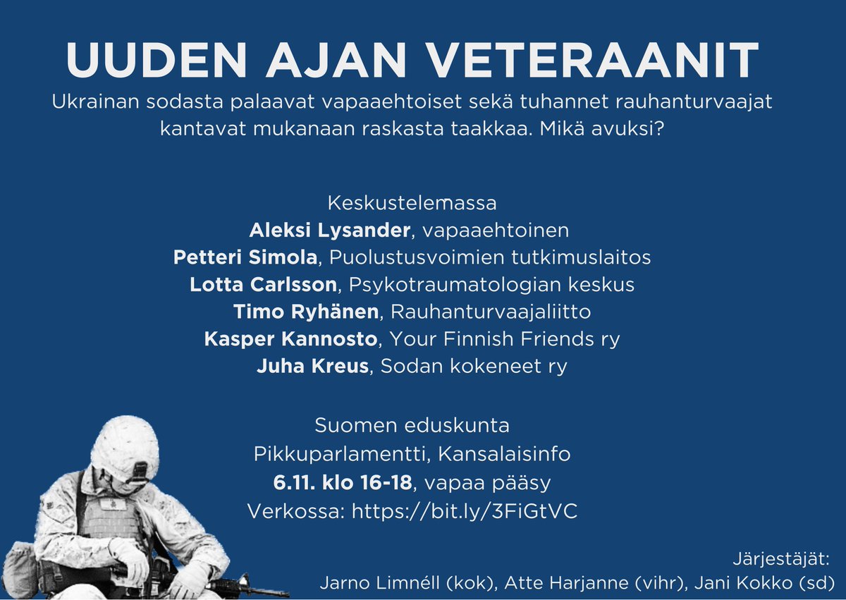 Ukrainan sodasta palaavat vapaaehtoiset ja lukuisat rauhanturvaajat kantavat mukanaan raskasta henkistä taakkaa. Tänään etsitään ratkaisuja paneelikeskustelussa! Jos et pääse paikalle, voit seurata etänä klo 16 alkaen osoitteessa bit.ly/3FiGtVC