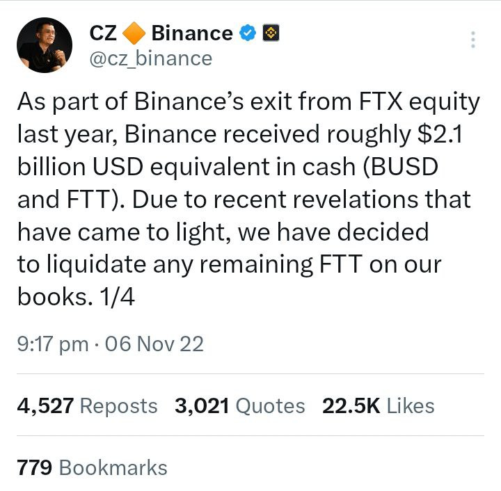 wiseadvicesumit's tweet photo. On this date, exactly 1 year ago, @cz_binance tweeted about #Binance  selling FTT, which exposed the entire FTX fraud. https://t.co/52Otmhkz3D