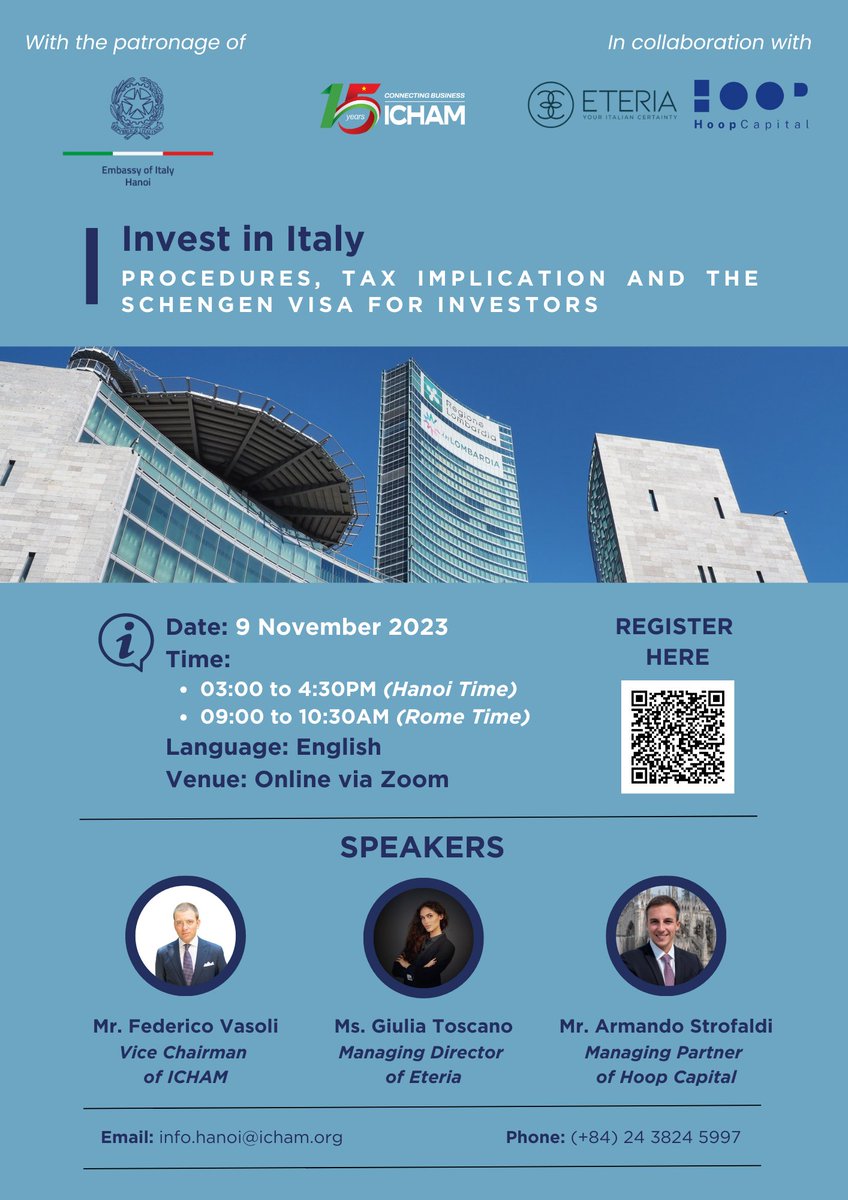IchamV's tweet photo. 🌐Webinar Invest in Italy

Don't miss out on our upcoming webinar “Invest in Italy”! Join us for an informative session where industry experts will share valuable insights and strategies about procedures, tax implications and Schengen visa requirements!

Scan QR code to register! https://t.co/19PHtdITQD