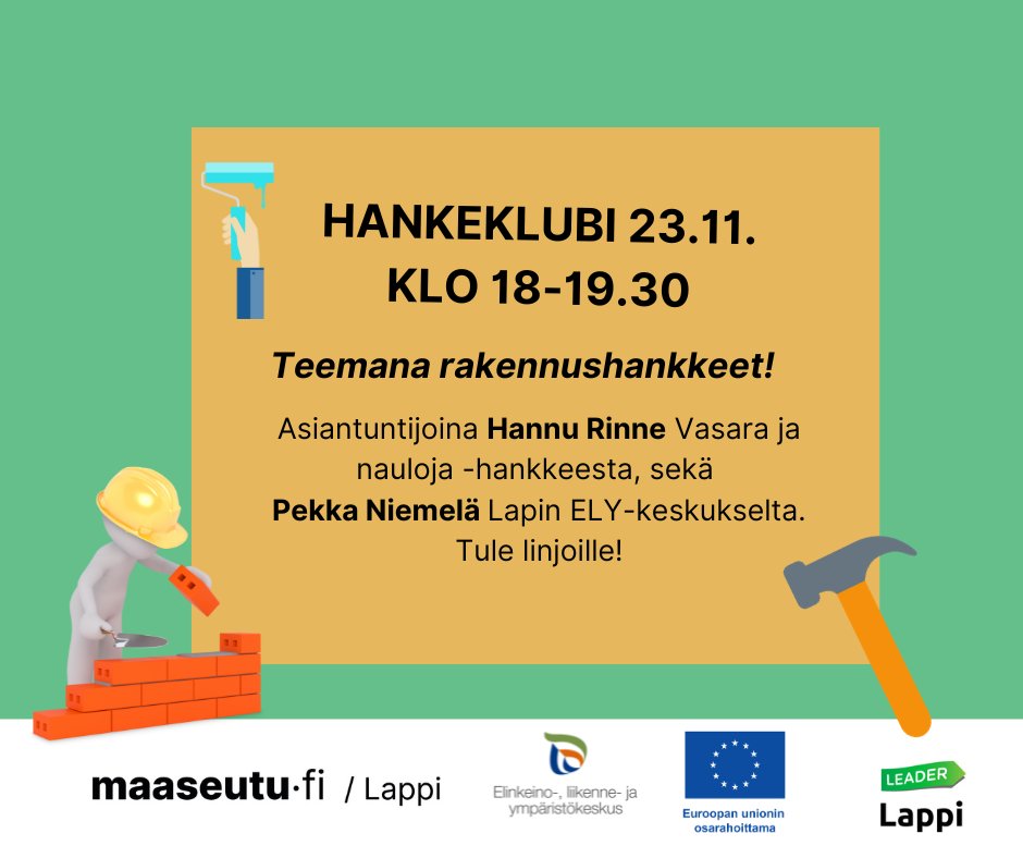 Hankeklubit tulevat jälleen!

Lapin keino- hankkeen aloittamat Hankeklubit jatkuvat. Toiminta jatkuu samalla periaatteella Teams-etäyhteydellä.

Ensimmäisenä vuorossa: Rakentamisen hankeklubi 23.11. klo 18-19.30

Ilmoittaudu mukaan: link.webropolsurveys.com/EP/6246FB63BAD…