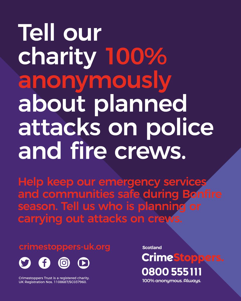 Last night in communities across Scotland, our emergency services were attacked with projectiles. You can do the right thing & tell our charity 100% anonymously if you know/suspect who was responsible 0800 555 111 or click here crimestoppers-uk.org/give-informati…