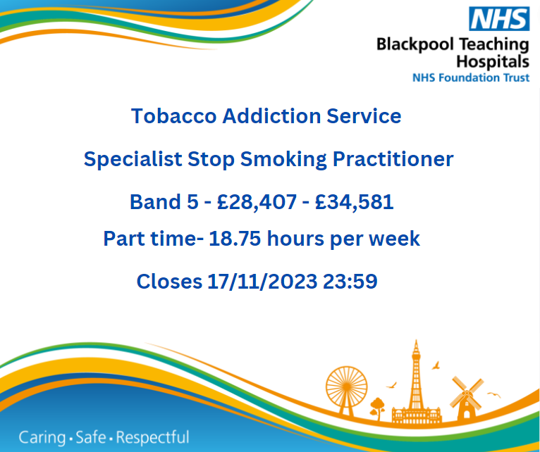 📣WE ARE HIRING 📣

We have a fantastic opportunity to join our team! Band 5 part time as a Specialist Stop Smoking Practitioner within our Blackpool Tobacco Treatment Services. 

Follow the link for more information! 
bfwh.nhs.uk/current-vacanc…