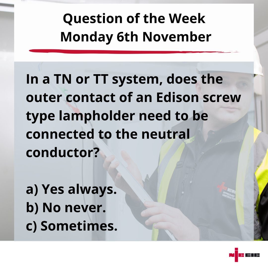officialNICEIC's tweet photo. Question of the week...

Comment below if you know the answer and make sure to tune into our technical Q&amp;A this evening at 8 PM streaming to Facebook, LinkedIn and YouTube.

#LiveQ&amp;A #Technical #Sparkslife https://t.co/MpQIP5TVCF