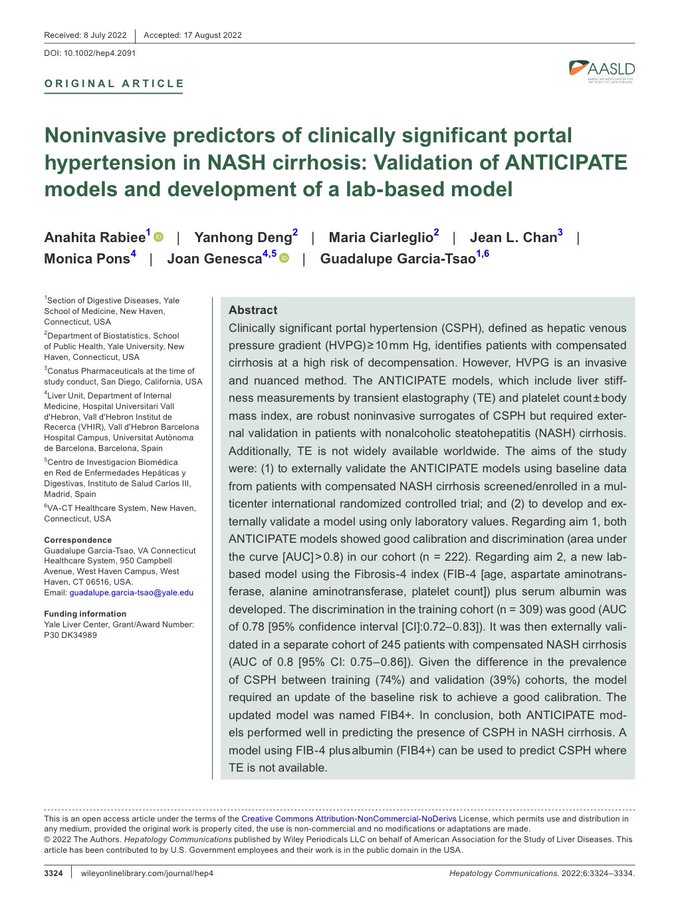 FIB4+:sistema de puntuación para predecir la hipertensión portal en #cirrosis 📝Artículo: journals.lww.com/hepcomm/pages/… Calcula online fib4plus.com Por @RabieeAnahita y @ggarciatsao #livertwitter