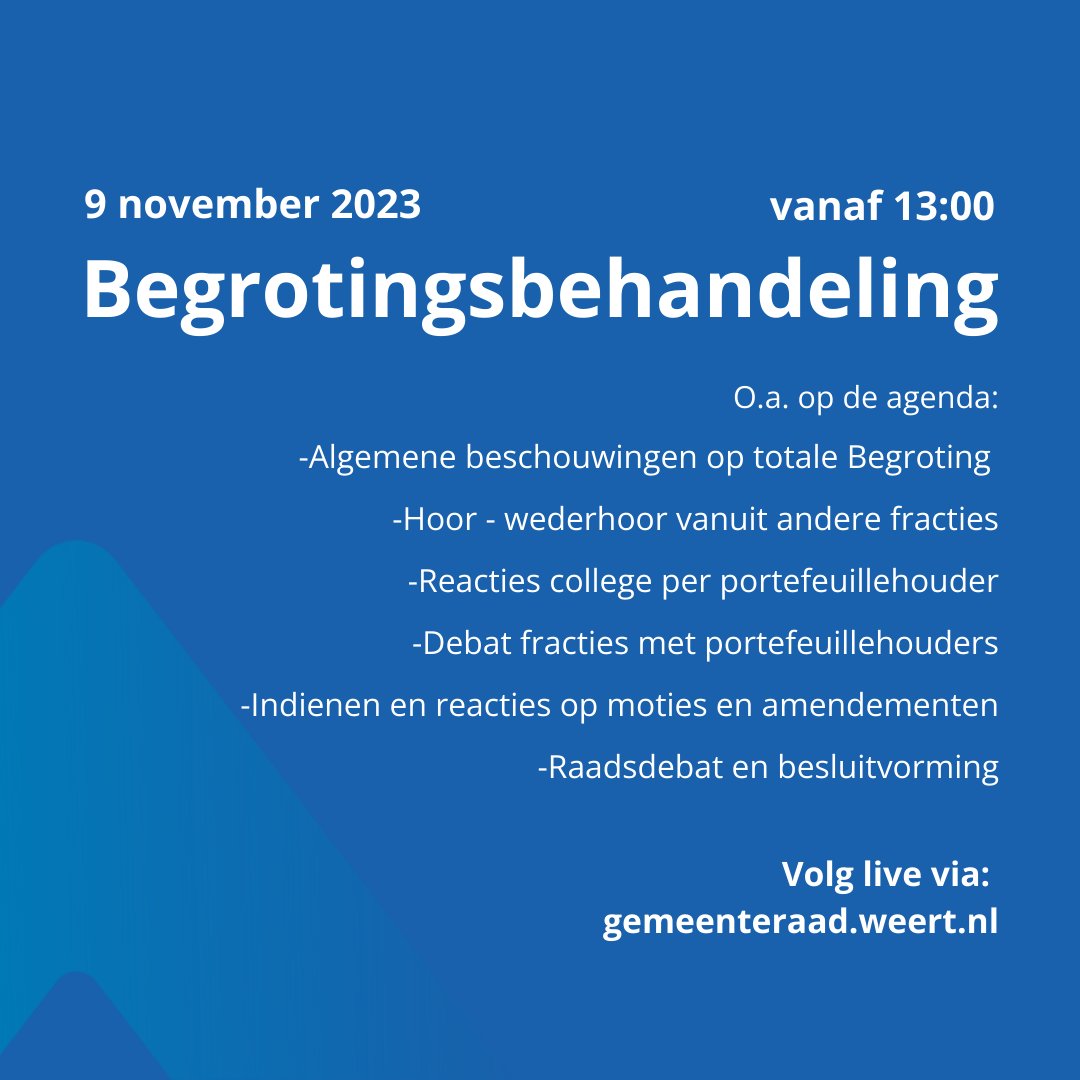 RaadWeert's tweet photo. Donderdag 9 november bespreekt de gemeenteraad de begroting 2024.

De gemeenteraad bevraagt het college over de gemaakte keuzes en gaat hierna daarover in debat. Ook kan de gemeenteraad het college hierin nog sturen

Kijk mee via https://t.co/5BnnO3vDFI of https://t.co/cOlR3MPrvO https://t.co/dx63FiQVZ1