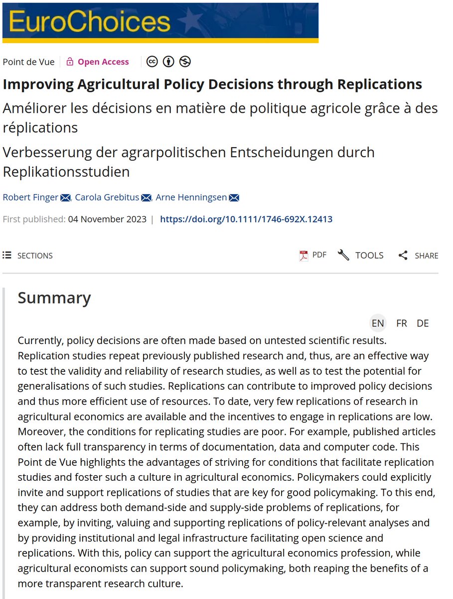 ArneHenningsen's tweet image. Our new paper &quot;Improving Agricultural Policy Decisions through Replications&quot; in EuroChoices (with @RobertFinger1 and Carola Grebitus) #OpenAccess #Replication #Replicability #Reproducibility #OpenScience #agriculture #policy #EconTwitter