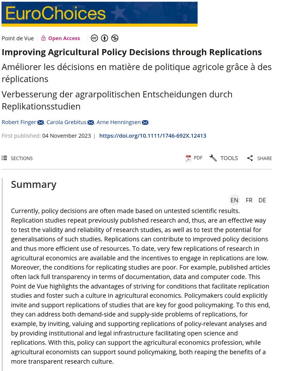 Our new paper 'Improving Agricultural Policy Decisions through Replications' in EuroChoices (with @RobertFinger1 and Carola Grebitus) #OpenAccess #Replication #Replicability #Reproducibility #OpenScience #agriculture #policy #EconTwitter