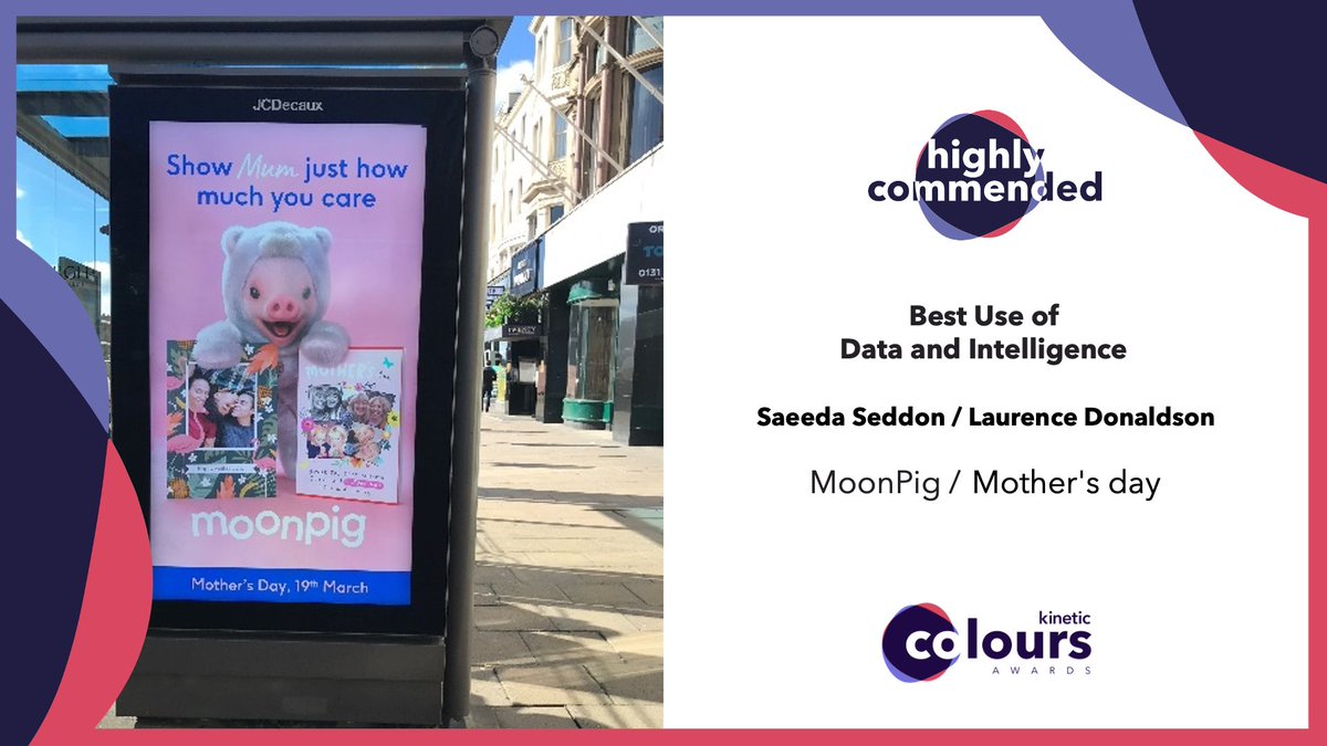 kineticwwUK's tweet photo. Highly Commended! Saeeda Seddon & Laurence Donaldson are highly commended for Best Use of Data & Intelligence on @MoonpigUK's Mother's Day campaign!
Each quarter we like to celebrate our people and their awesome work with #KineticColours, our own internal awards! #OOH 🥳 https://t.co/SqIRAfWh2l