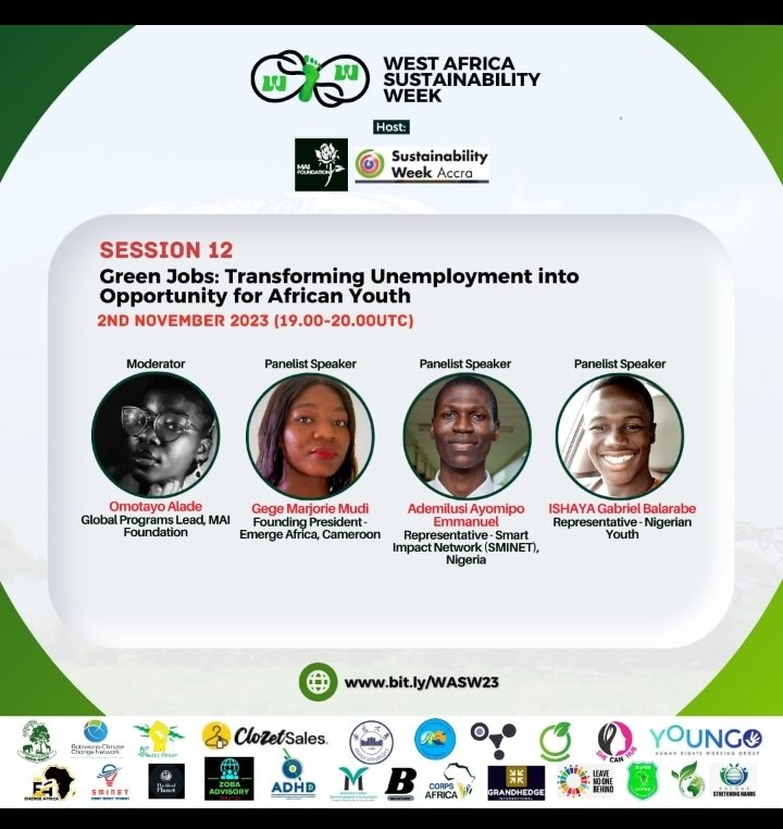 SmartImpactNet1's tweet photo. ✨🌎EXCERPT FROM WEST AFRICA SUSTAINABILITY WEEK PROGRAM🌎✨

As a member of @youngo.unfccc ourselves, we were ably represented by @ay_milusi , who was selected to speak during Session 12 on the topic — Green Jobs: Transforming Unemployment into Opportunity for African Youth 💚💚 https://t.co/yosAKzFfxw
