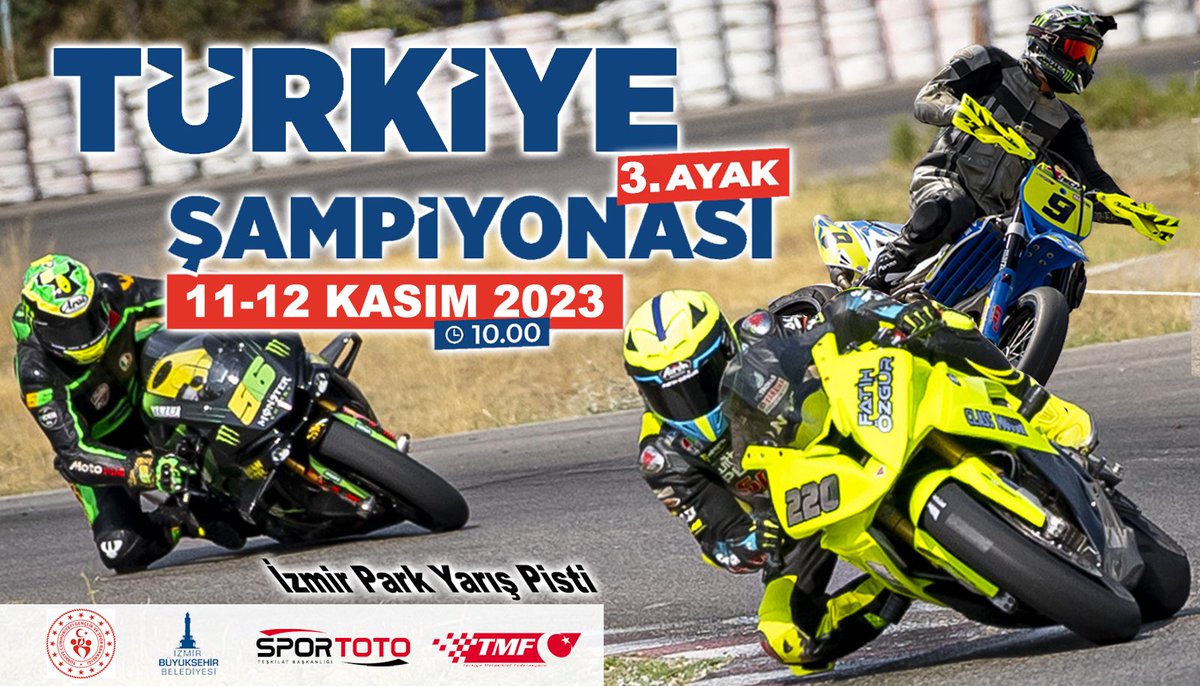 MotFed's tweet image. Türkiye #Pist &amp;amp; #Süpermoto Şampiyonası'nda sezonun son yarışı 11-12 Kasım tarihlerinde yapılacak. #TMF 🇹🇷 

📆 11-12 #Kasım 2023
🏟️ İzmir Park
 📍 #izmir

➡️ Kayıtlar tmf.org.tr de