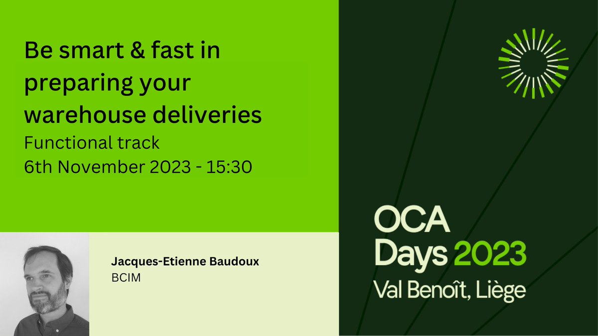 OdooCommunity's tweet photo. #OCADays2023 

Be smart &amp; fast in preparing your warehouse deliveries - Jacques-Etienne Baudoux.

https://t.co/SNjSBVaCSJ

Monday 6th Nov - 15:15. 

Watch on our Functional stream.  https://t.co/1SgGMGUXPo #odoocommunityassociation https://t.co/7ssh3p6Jfw