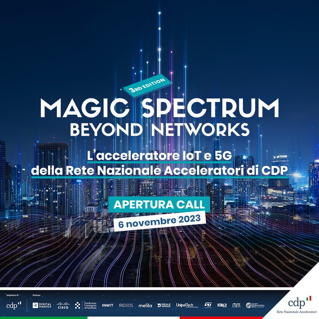 Digital_Magics's tweet photo. Inizia oggi la call di #MagicSpectrum, il programma di accelerazione 5G e IoT di @GruppoCDP. Candida la tua #startup e dai alle tue idee l’opportunità che meritano.

Iscriviti qui: https://t.co/YCLgBl7I60
@CiscoItalia @INWIT_Official @CSP_live @irideos_ @I3P_Torino @cluster_smart https://t.co/6itF8Hjyj5