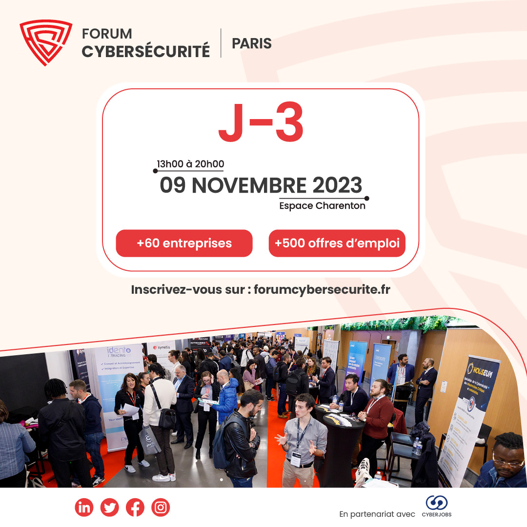 Plus que 100 places disponibles !

Avec déjà plus de 1000 inscrits et 300 recruteurs confirmés cette 7ème édition promet d'être l'événement le plus fréquenté depuis sa création en 2016 ! 🎉

Info et inscription 👉 forumcybersecurite.fr