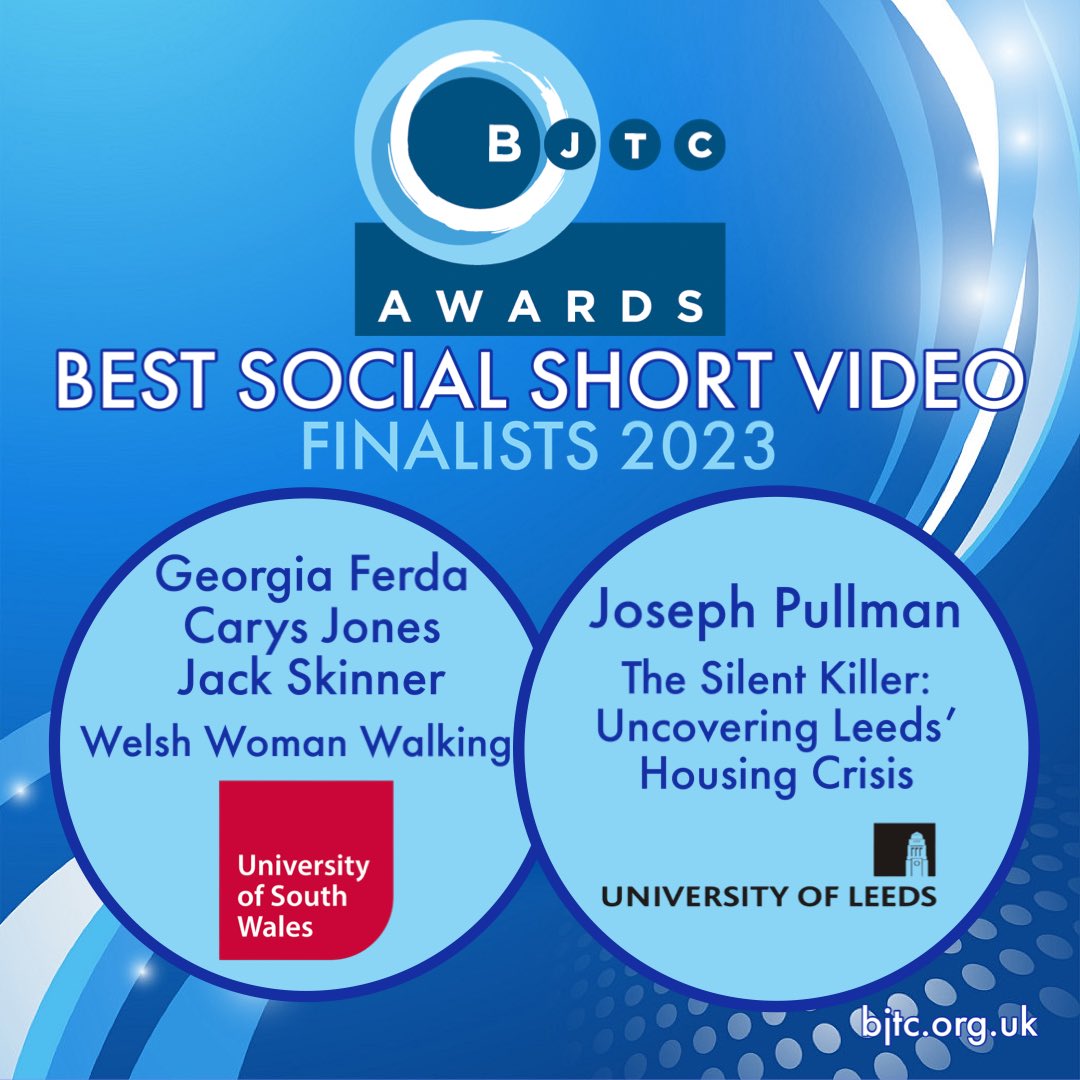 Congrats BJTC Journalism Award nominees for BEST SOCIAL SHORT VIDEO - Joseph Pullman, Uni of Leeds, Georgia Ferda, Carys Jones, Jack Skinner, Uni of South Wales
bjtc.org.uk/awards 
<a href="/JoePullman6/">Joe Pullman</a> <a href="/LeedsUniMedia/">Leeds Uni Media</a> 
@journo_usw <a href="/GFerdaJourno/">Georgia Ferda</a> <a href="/jackwskinner_/">Jack Skinner</a> <a href="/CarysRJones/">Carys Jones</a>
#bjtcawards