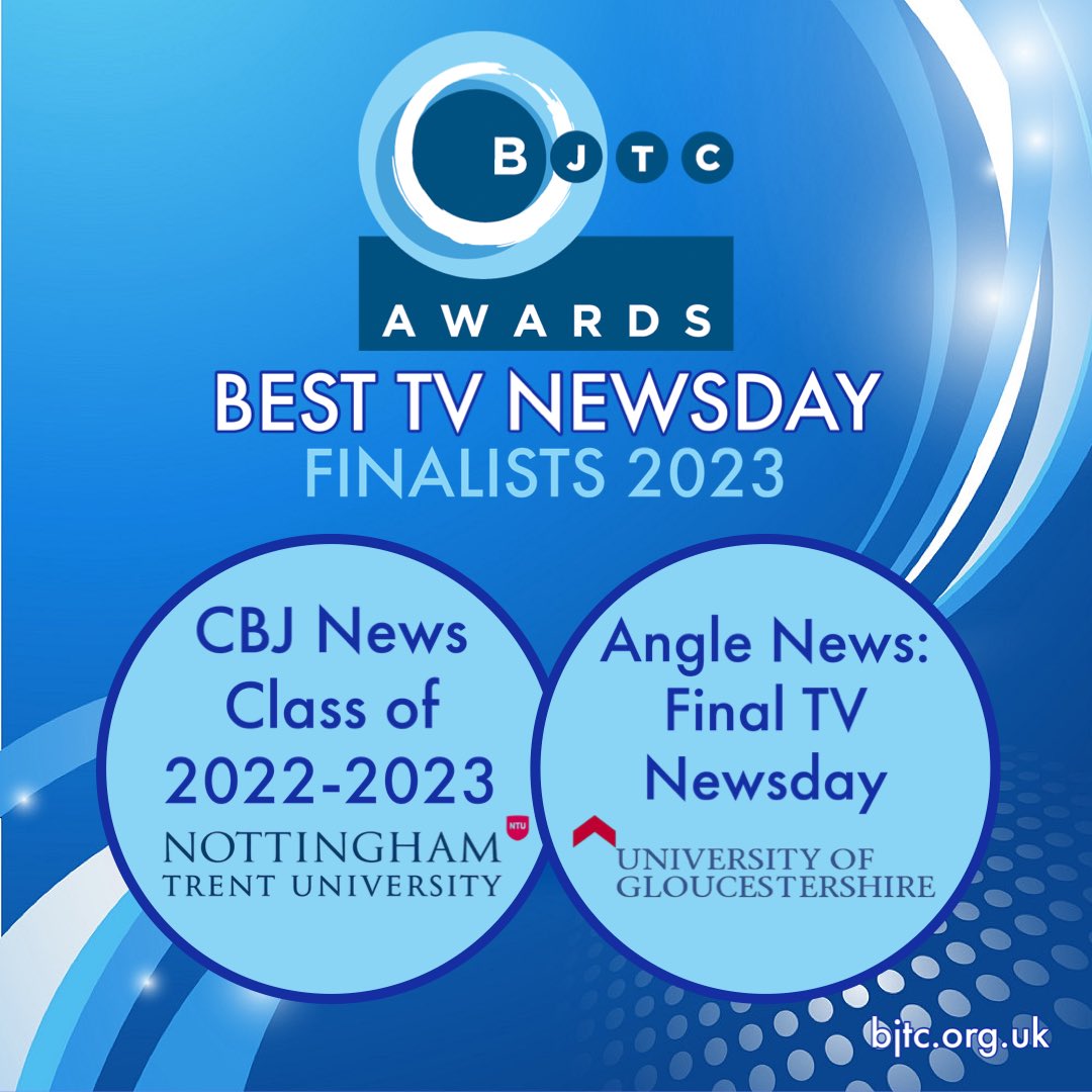 Congratulations to the BJTC Journalism Award finalists for BEST TV NEWSDAY - CBJ News Class of 2022-2023, Nottingham Trent University and Level 6 BA Journalism, University of Gloucestershire bjtc.org.uk/awards
@uogjourno @CBJNews
#bjtcawards