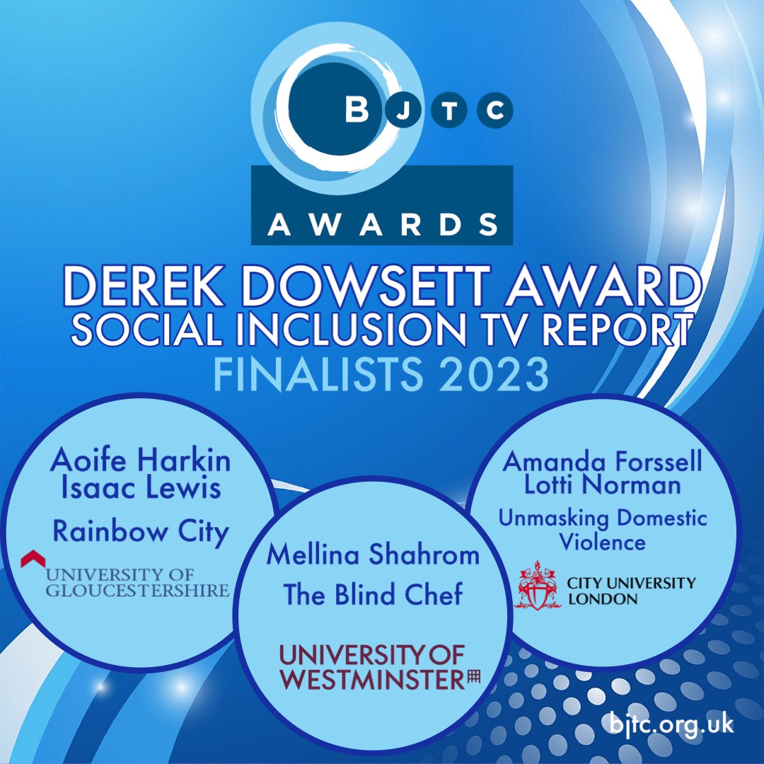 Congratulations! BJTC Journalism Award finalists DEREK DOWSETT AWARD - Aoife Harkin, Isaac Lewis, Uni of Gloucestershire, Amanda Forssell, Lotti Norman, City Uni, Mellina Shahrom, Uni of Westminster
bjtc.org.uk/awards
@uogjourno <a href="/harkin_aoife/">Aoife Harkin</a> @westWorldUK
#bjtcawards
