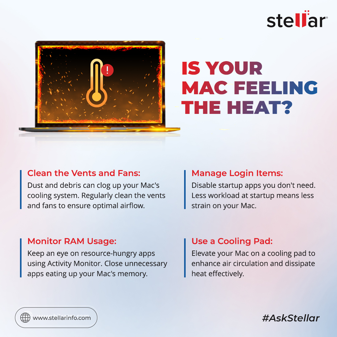 stellarinfo's tweet image. Beat Mac heat! Clean vents, use cooling pad, monitor RAM, manage startup. Stay cool, Mac users! #MacHeatFix #CoolingTips #OptimizeMac #TechSolutions #MacPerformance #StayCool #ComputerCare #TechHacks #MacUsers
