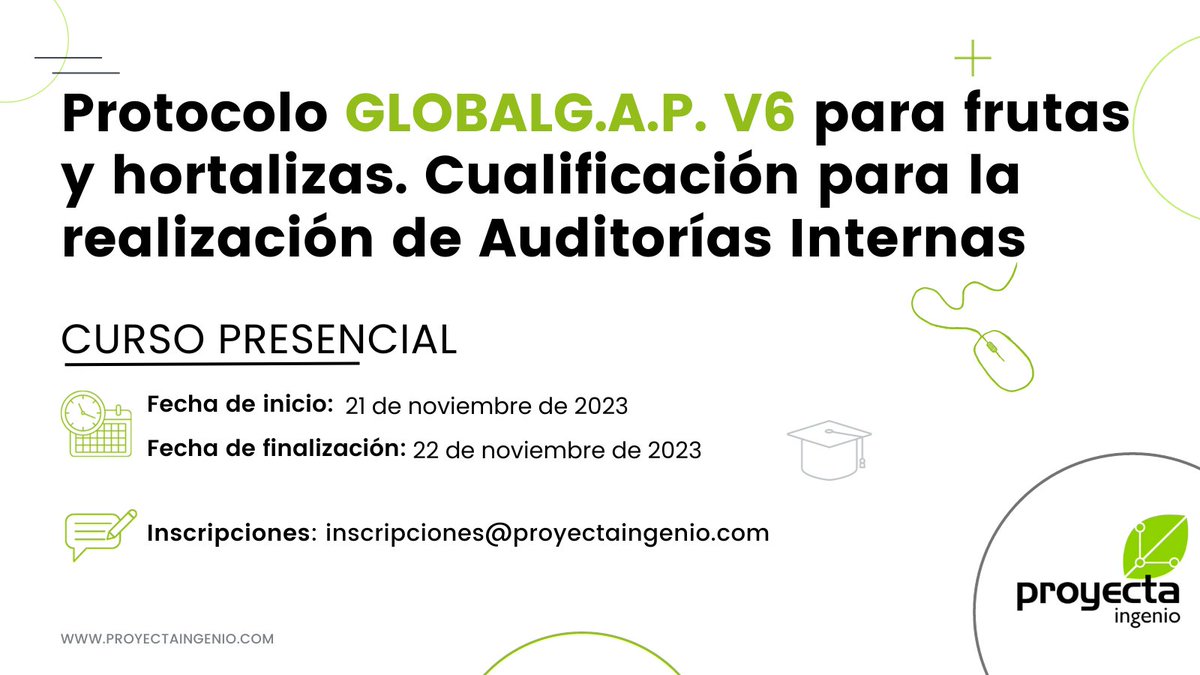 💥 NUEVO CURSO PRESENCIAL 💻 Protocolo GLOBALG.A.P. V6 para frutas y hortalizas. Cualificación para la realización de Auditorías Internas. ✅
📅 21 y 22 de noviembre de 8:30 a 14:30h y de 15:30 a 17:30h.
📍Lugar: Mérida, Badajoz.
Inscripción 👇👇👇
acortar.link/jG5zEZ