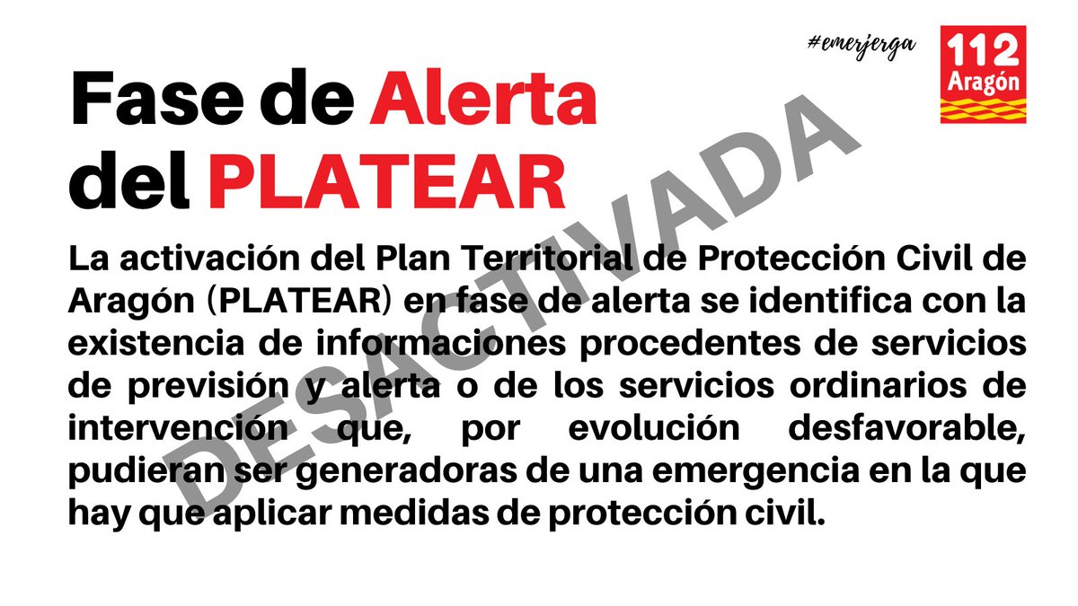 112Aragon's tweet photo. ‼️Desactivada la fase de alerta del Plan Territorial de #ProtecciónCivil de #Aragón (#PLATEAR), activado el pasado día 2 por #viento generalizado en toda la comunidad, #lluvias intensas en el Pirineo y posibles #crecidas de los ríos de la cabecera de la margen izquierda del Ebro https://t.co/G1DIDHQ5aW