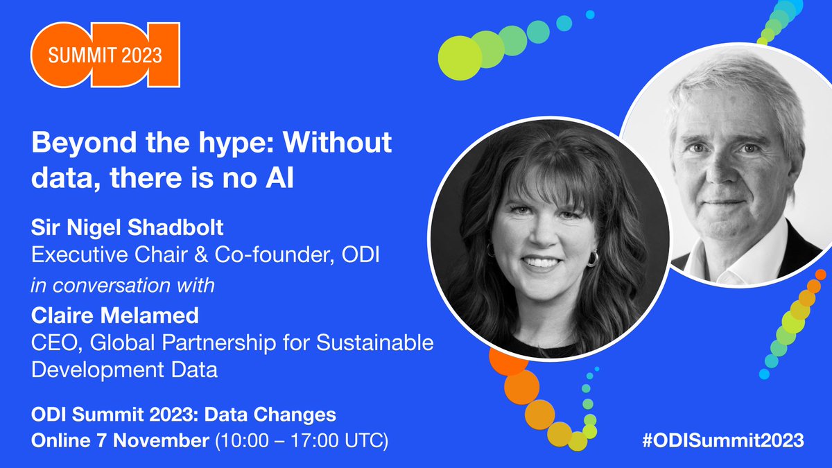 ODIHQ's tweet image. @clairemelamed will join @Nigel_Shadbolt from the Festival De Datos in Uruguay tomorrow as part of the #ODISummit2023. They will assess the AI-hype cycle &amp;amp; ask how we keep data at the heart of decision making. #DataChanges