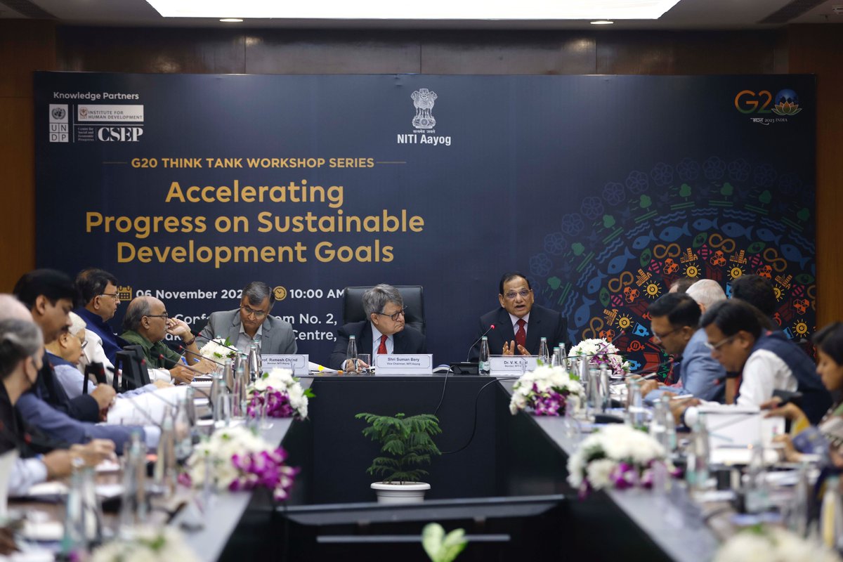 UNDP_India's tweet photo. #G20 Think Tank workshop series.

Congratulations to GoI and @NITIAayog for leading efforts to translate #G20 New Delhi Leader's Declaration to action. UNDP is privileged to be a knowledge partner to @NITIAayog for the workshop on Accelerating Progress on #SDGs. https://t.co/EGA2HxiOJ6
