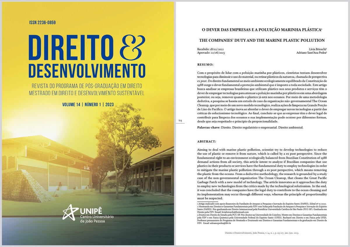 Acabou de ser publicado na revista Direito &amp; Desenvolvimento este estudo em que eu e Lívia Brioschi analisamos o dever jurídico das empresas empregarem tecnologia necessária para atenuar a poluição marinha por plásticos.

O artigo está disponível em:
doi.org/10.26843/direi…