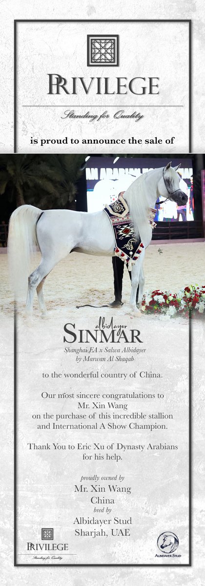 ArabianEssence's tweet photo. Congratulations China!
Click here to see High Resolution version:
https://t.co/w6PZj5j7Ag
#PrivilegeSFQ #albidayerstud #sinmaralbidayer #shanghaiea #salwaalbidayer #xinwang https://t.co/NpOvTKu5ck