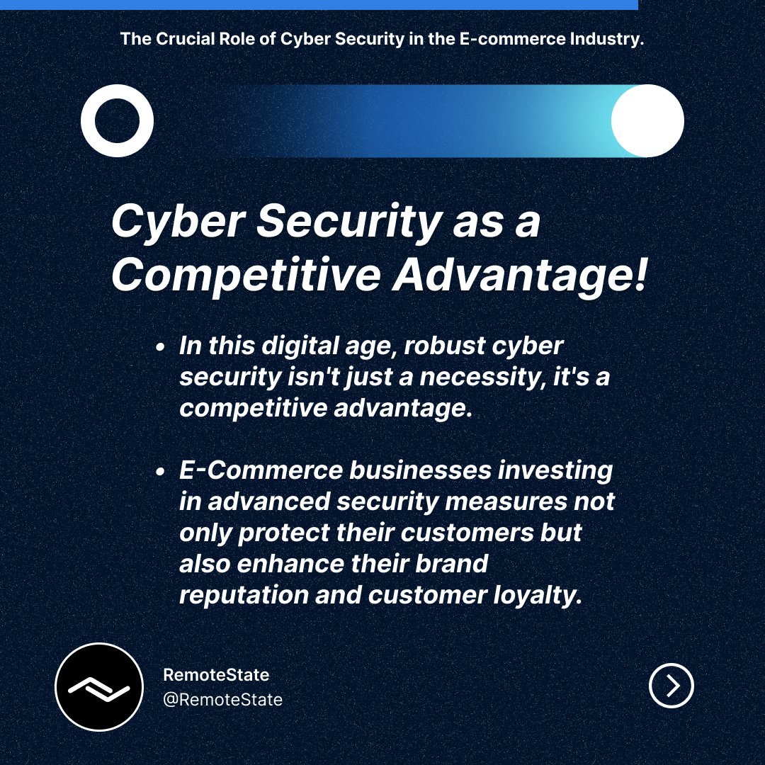 RemoteState's tweet photo. As the E-commerce landscape continues to evolve, businesses must prioritize cybersecurity, not just as a necessity but as a fundamental component that defines the industry's ethical and operational standards.

#EcommerceSecurity #Cybersecurity #OnlinePrivacy #PaymentSecurity https://t.co/OwVB7AgcSe