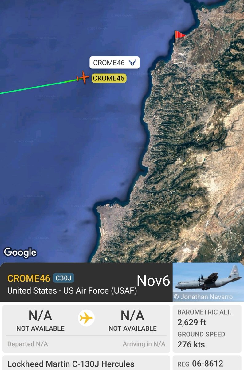 LebanonJets's tweet photo. Military: USAF C130 068612 "TheRock" hex #AE1BEE as #CHROME46 started the day at #AliAlSalem AirBase #Kuwait then either #AlAzraq #MuwaffaqSalti or #PrinceHasan AirBase #Jordan arrived into #WujuhElHajar #Hamat AirBase north #Lebanon most tracked plane @flightradar24 @Intel_Sky https://t.co/GYQVKttoBT