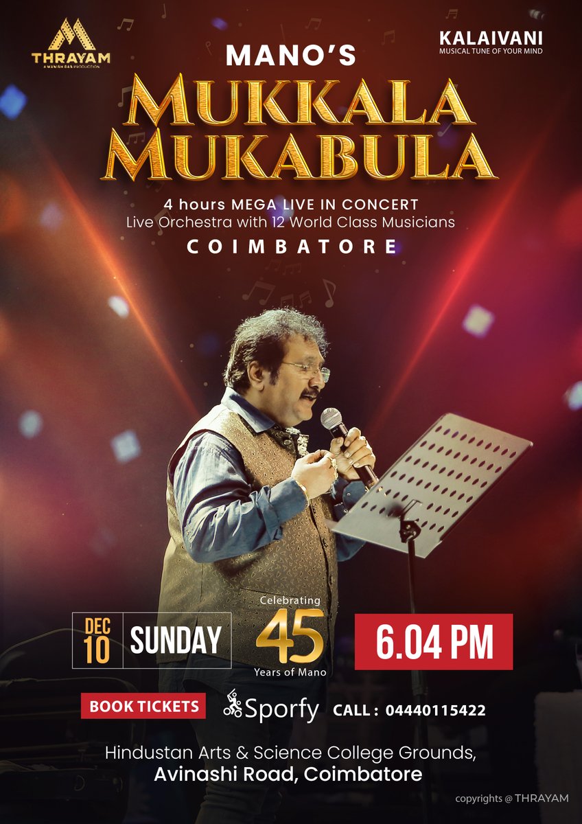 ticketprix's tweet photo. Mukkala Mukabula Madness with the Legendary singer Mano! 🌟
Join us for a musical journey like no other at Hindustan Arts and Science College, Coimbatore.
Book your tickets at https://t.co/NcpQo7CWaZ
#sporfy #coimbatoreconcert #mano #ARRahman #harrisconcert #concert https://t.co/2byClMkPYU
