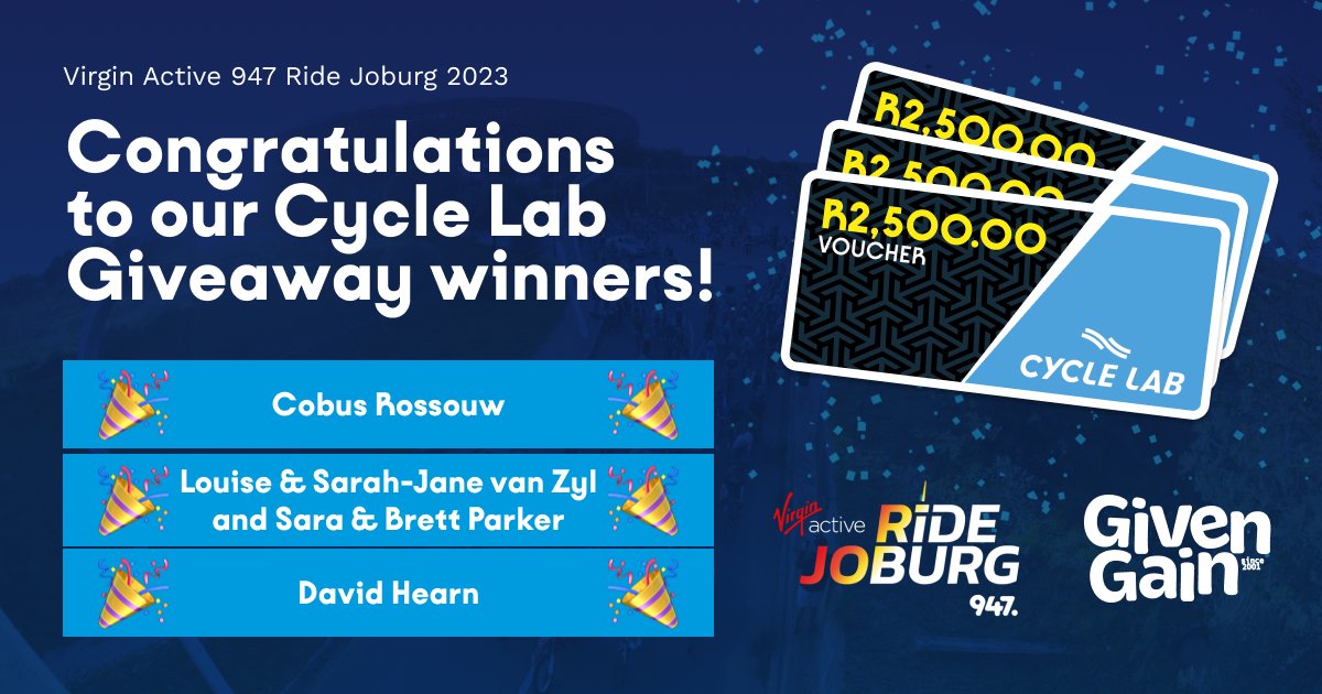 Congratulations to the @RideJoburg 2023 winners of our Cycle Lab gift cards giveaway competition! 160 riders have already raised more than R300k for 50 charities. 🤩 Check out the Virgin Active 947 Ride Joburg 2023 fundraising page here: bit.ly/3seh5O3