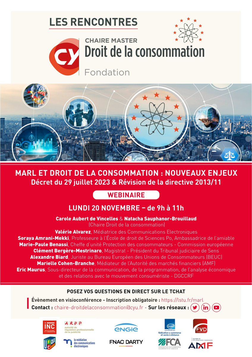 La Chaire vous donne rdv le 20 novembre de 9h à 11h pour sa rencontre webinaire « MARL et Droit de la consommation : nouveaux enjeux ». Seront particulièrement examinés le décret du 29 juillet 2023 et la révision de la dir. 2013/11

Infos et inscriptions : lstu.fr/marlprogramme