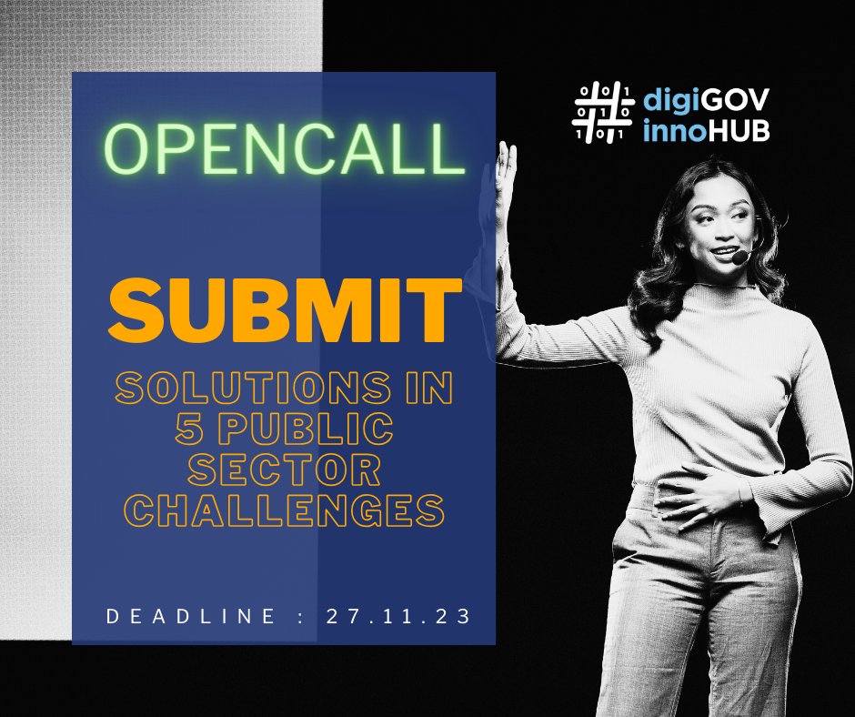 🔛#GRdigiGOVinnoHUB #OpenCall 
5⃣challenges:

rb.gy/jukbd 

➡️Multi-lingual access to Gov.gr
➡️Streamlining multifaceted procedures with #AI
➡️AI in the🇬🇷Justice system
➡️ΑΙ voice command system for websites acceccibility 
➡️Νatural disaster response