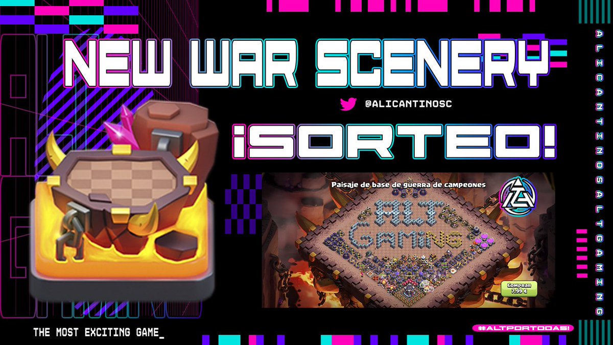 #ALTPORTODAS! 
<a href="/Sockers_/">Sockers SU</a> <a href="/Style_coc/">Style</a> <a href="/CocEsport/">⚡CoC Esport⚡</a> <a href="/CoCEsports/">Clash of Clans Esports</a> 

¡GANA el nuevo escenario de guerra!
😏Os traemos este fabuloso sorteo🥳
➡️Síguenos: <a href="/AlicantinoSC/">AlicantinoSC - ALT Gaming</a> 
➡️Haz 🔄 a este Tweet
➡️Menciona a 2 amigos seguido de #ALTGaming
🗓️hasta 20/11/2023

🚫Cuentas nuevas!

¡SUERTE!
